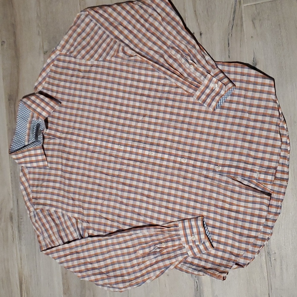 Johnston Murphy Mens l/s button down Size Large Tailor Fit blue orange Plaid